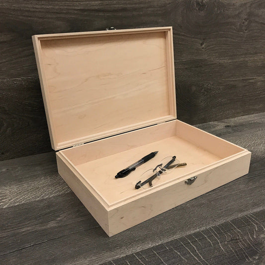 The Designcraft Studio Unfinished Wood Box with Hinge and Latch 13 x 9 x 3 Personalized Laser Engraving Available