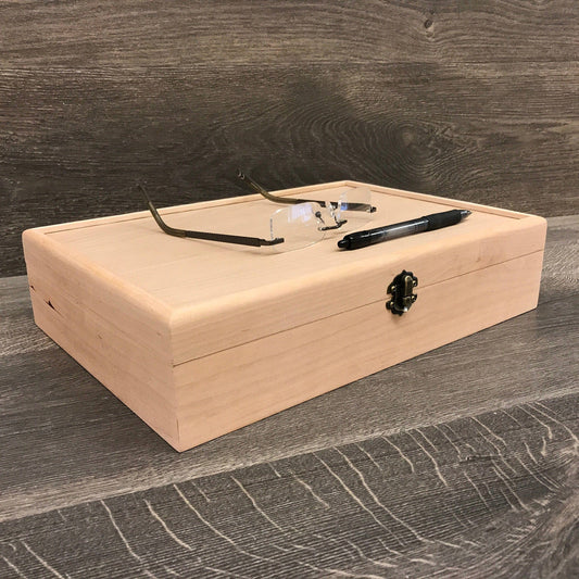 The Designcraft Studio Unfinished Wood Box with Hinge and Latch 13 x 9 x 3 Personalized Laser Engraving Available