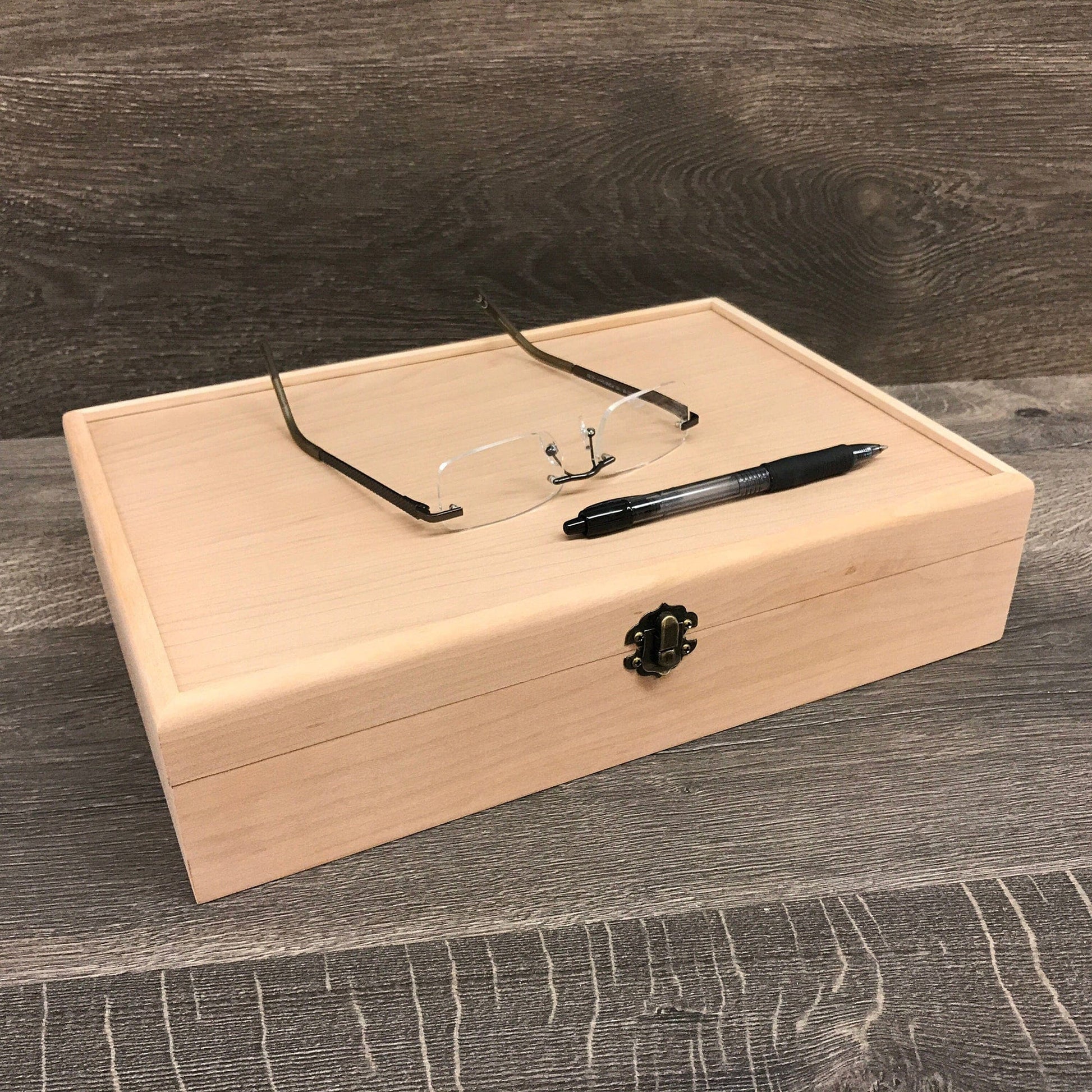 The Designcraft Studio Unfinished Wood Box with Hinge and Latch 13 x 9 x 3 Personalized Laser Engraving Available
