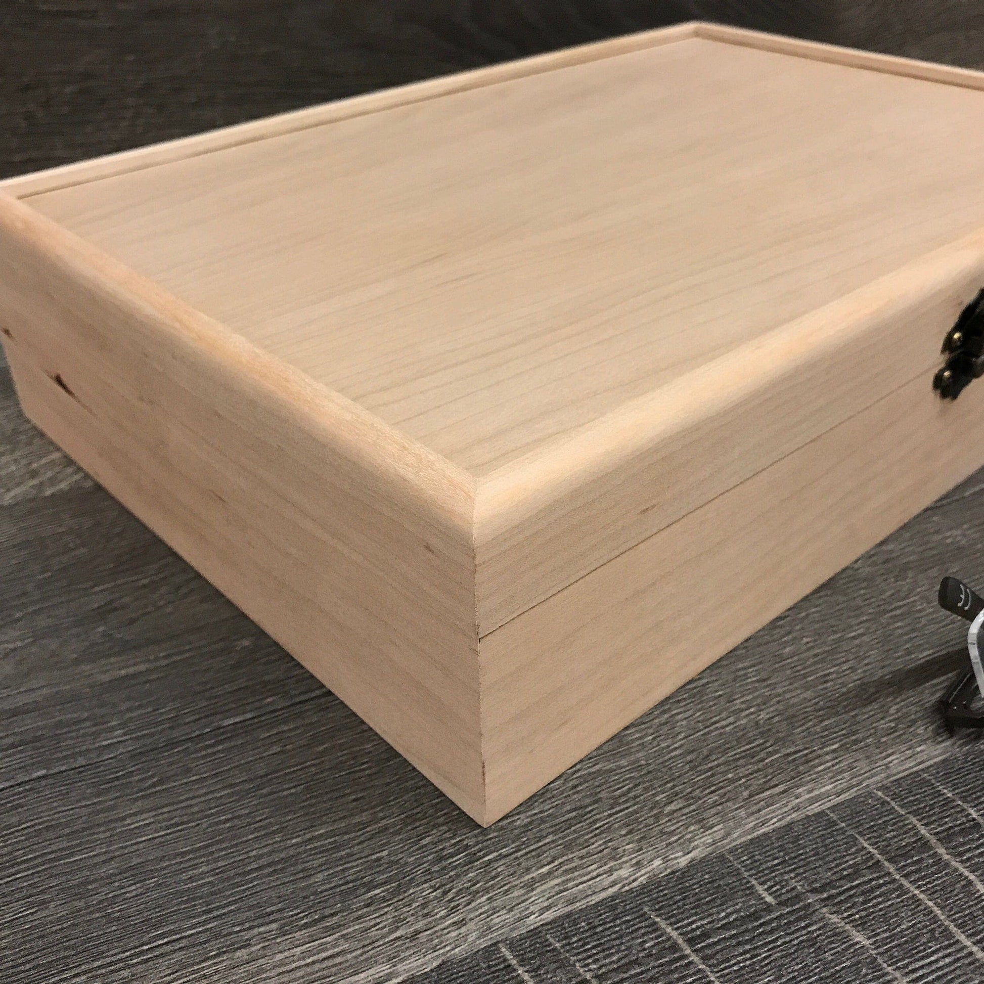The Designcraft Studio Unfinished Wood Box with Hinge and Latch 13 x 9 x 3 Personalized Laser Engraving Available