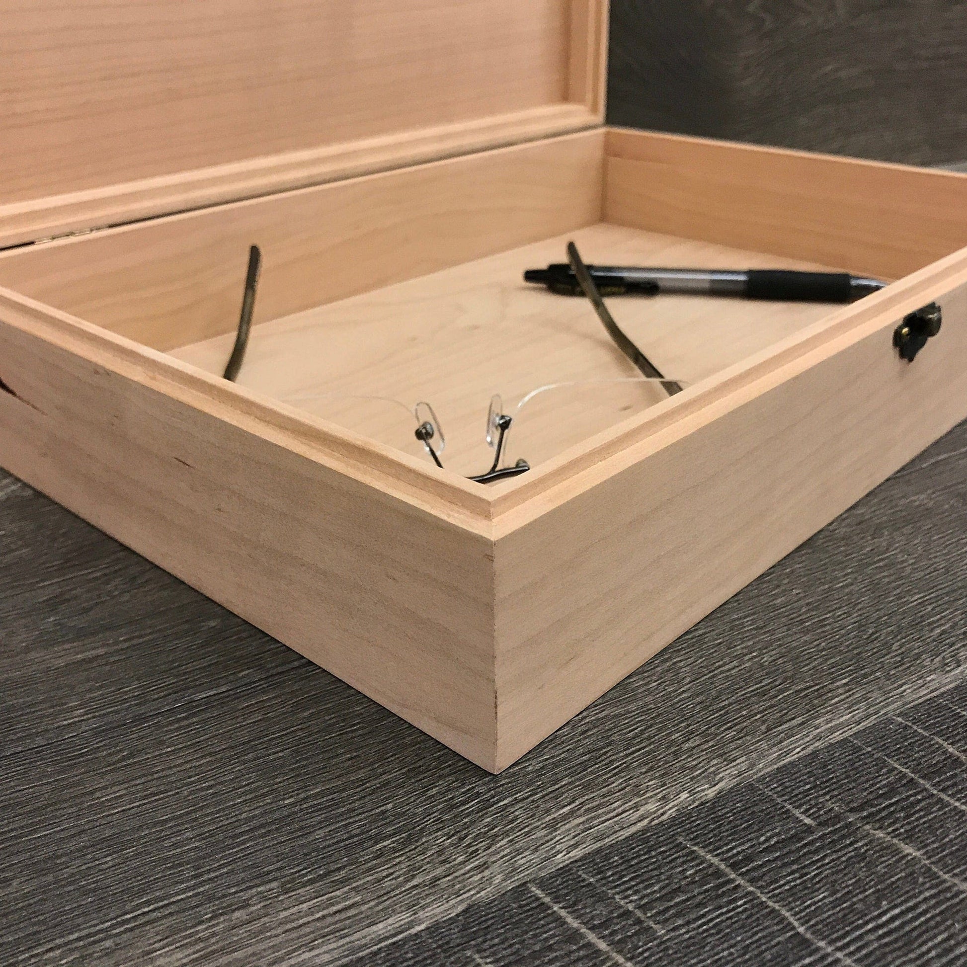 The Designcraft Studio Unfinished Wood Box with Hinge and Latch 13 x 9 x 3 Personalized Laser Engraving Available