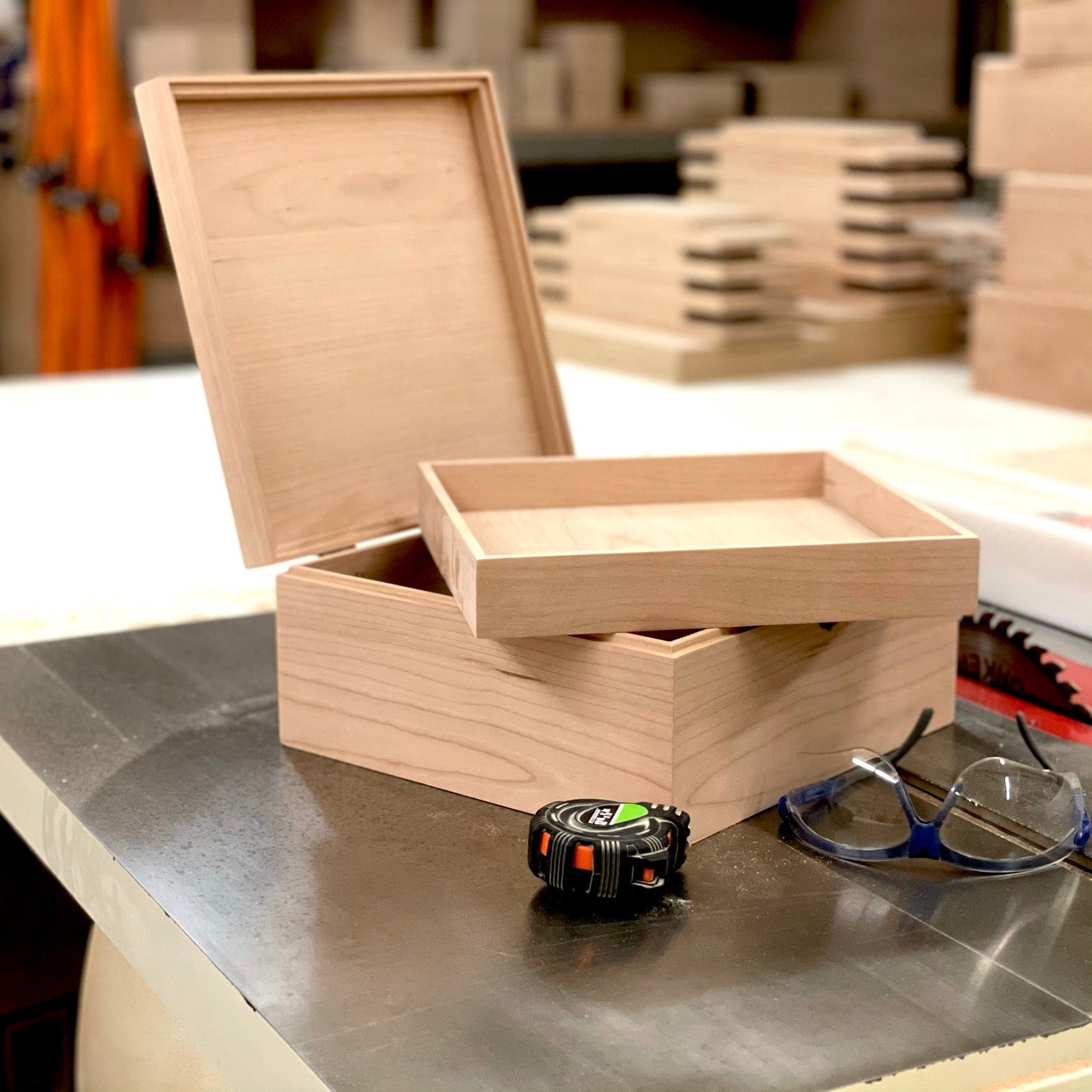 large wooden box with small wood tray