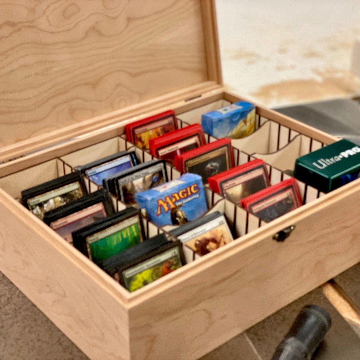 Wooden Trading Card Deck Box | Includes 12 Removable Dividers | Fits up to  1125 Sleeved Cards | Handmade (Box Shown in Oak)