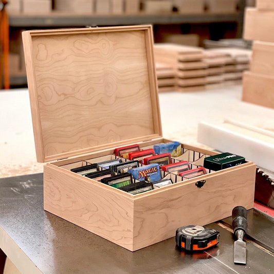 The Designcraft Studio Unfinished Wooden Deck Box with Adjustable Dividers to Protect and Organize Your Favorite Cards