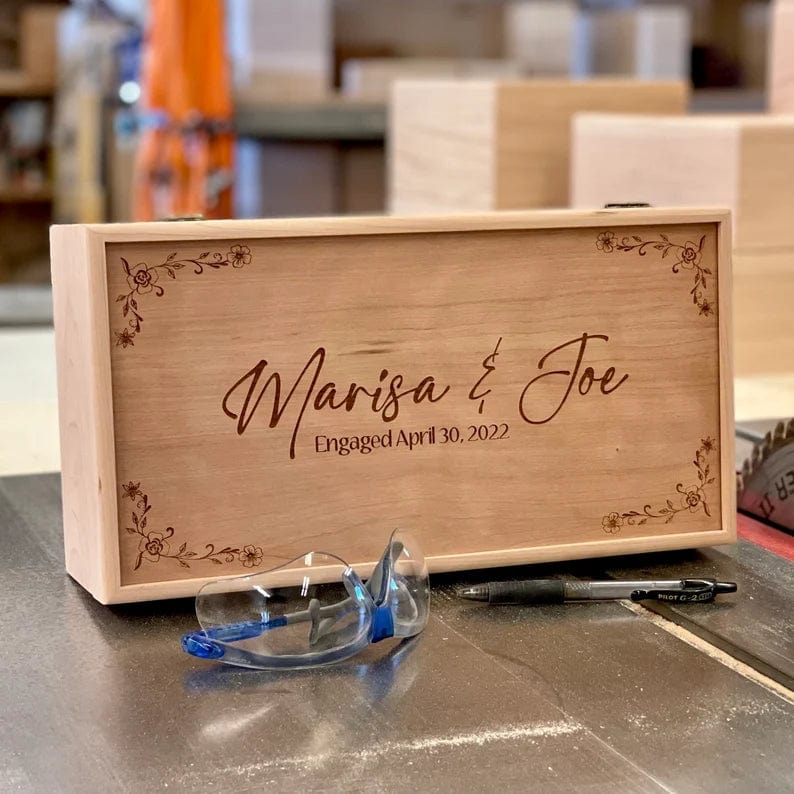 The Designcraft Studio Wedding Boxes Engraved Wooden Wine Box with Lid-Wedding Gift-Engagement-Handmade-Gifts-Memory Box-Keepsake Box-Personalized-Couple Anniversary Gift