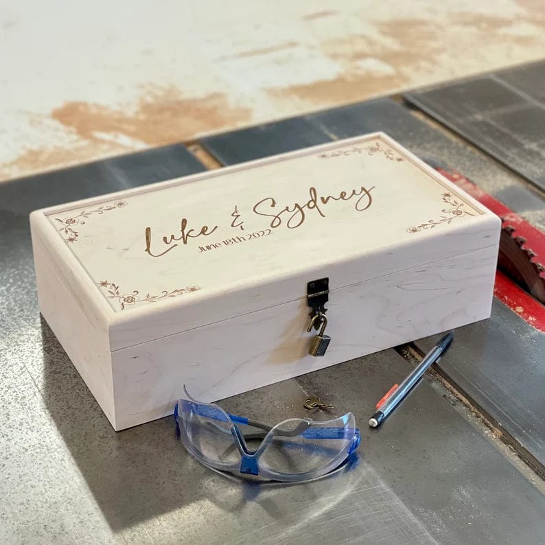 The Designcraft Studio Wedding Boxes Engraved Wooden Wine Box with Lid-Wedding Gift-Engagement-Handmade-Gifts-Memory Box-Keepsake Box-Personalized-Couple Anniversary Gift