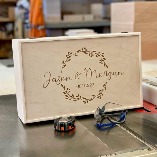The Designcraft Studio Wedding Boxes Extra Large Wood Box with Lid-Wedding Gift-Engagement-Handmade-Gifts-Memory Box-Engraved Keepsake Box-Personalized-Couple Anniversary Gift