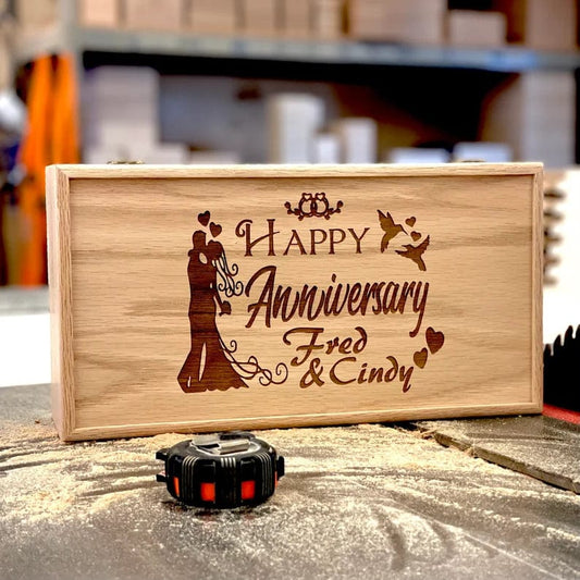 The Designcraft Studio Wedding Boxes Personalized Happy Anniversary Memory Box 13 3/4 x 7 1/4 x 4, Handmade Wood Storage Box, Custom Engraved Keepsake Box, Unfinished Wooden Box