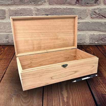 Unfinished Wood Box with Hinges and Latch 13 3/4 x 7 1/4 x 4 - Personalized Laser Engraving Available - The Designcraft Studio