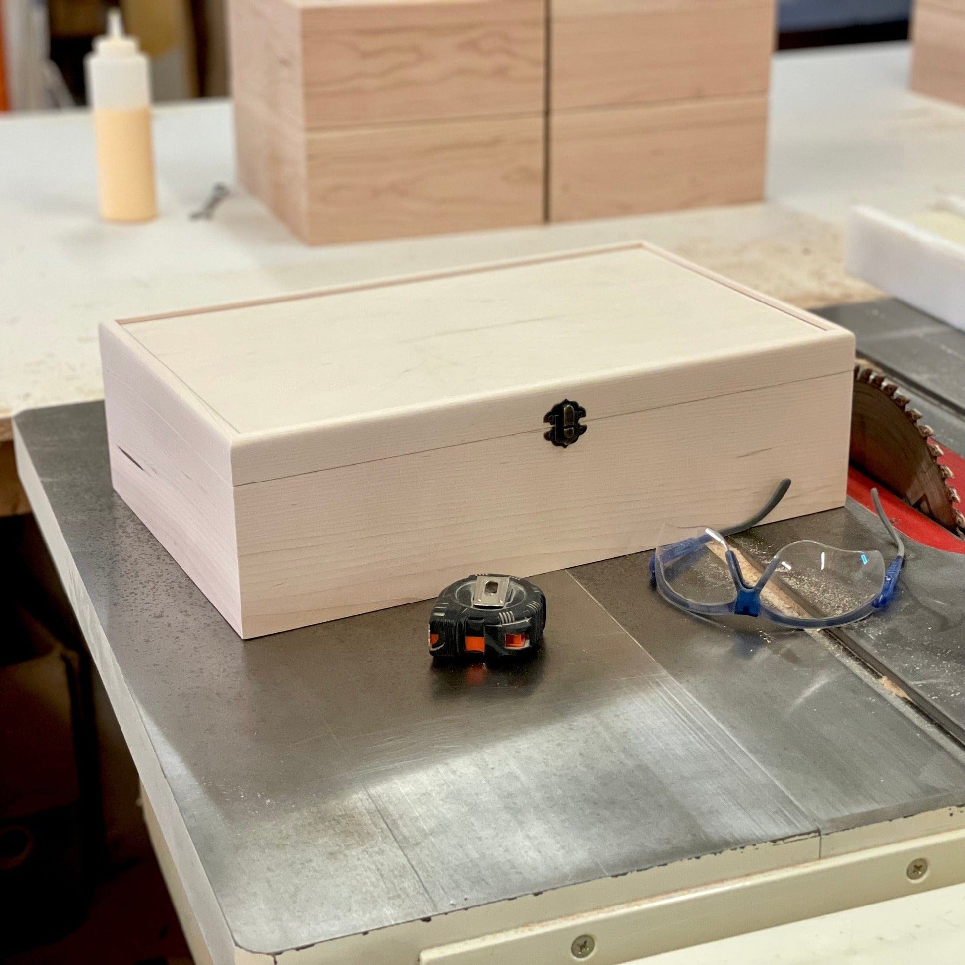 The Designcraft Studio Wood Box Extra Large Unfinished Wood Box with Hinged Lid 16 1/2 x 10 1/4 x 4 3/4 Personalized Laser Engraving Available